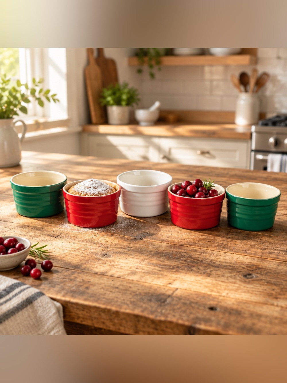 Le Gourmet Chef Ribbed Stoneware 5 Pc Ramekin Set Red, Green, White Kitchenwares